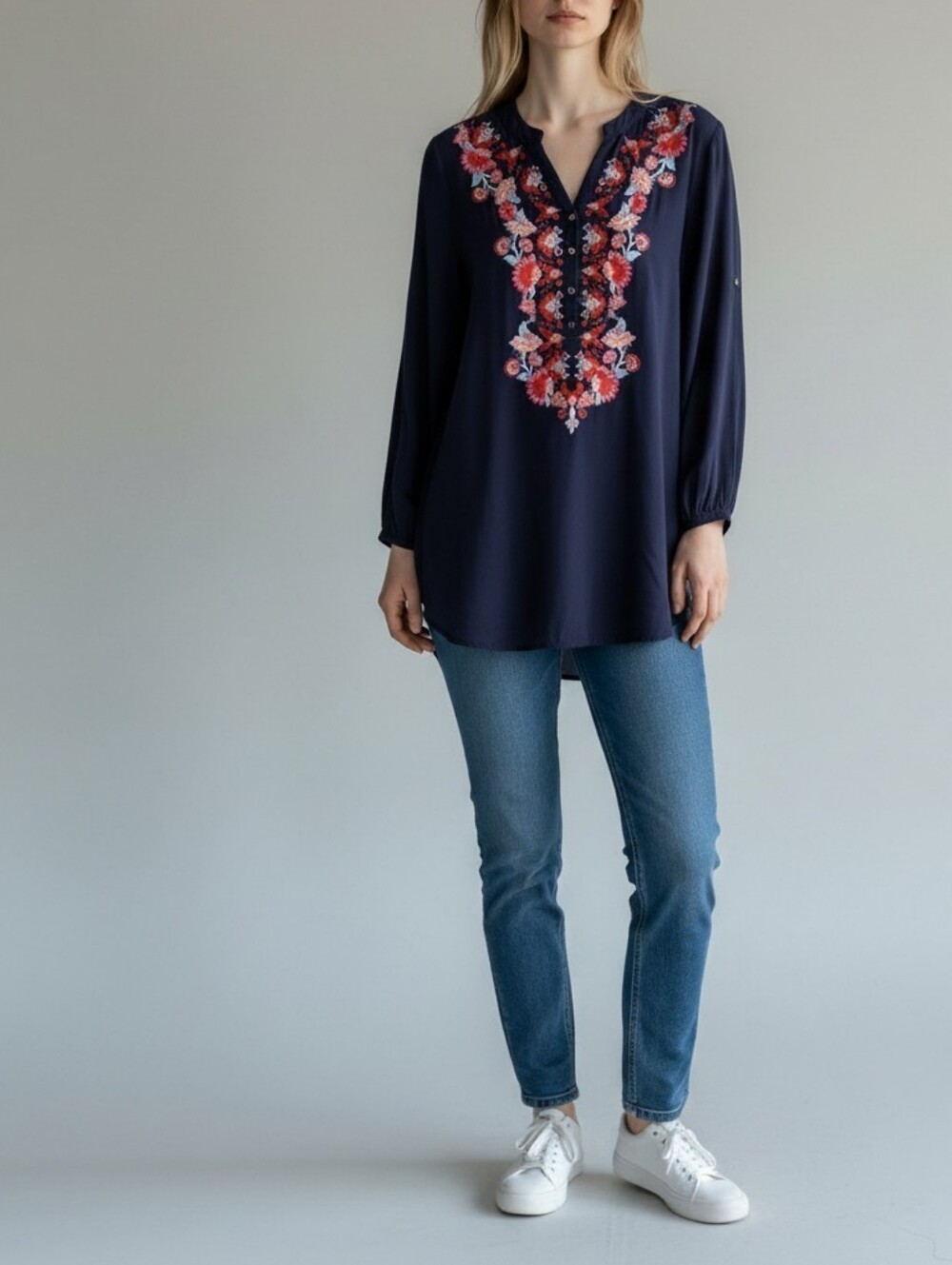 Solitaire Floral Embroidery Tunic Womens S Blue Red Artsy Boho Retro 90s Y2K